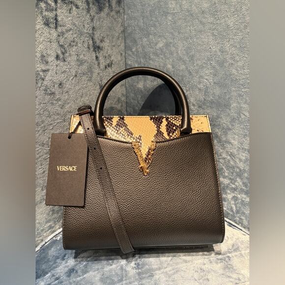 Versace Handbags - VERSACE VIRTUS CALF LEATHER SMALL BLACK TOP HANDLE BAG